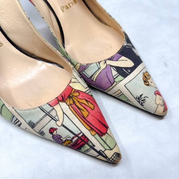 Christian Louboutin Vintage Retro Comic Print Slingback Pointed Toe Pumps Heels - Picture 4 of 15